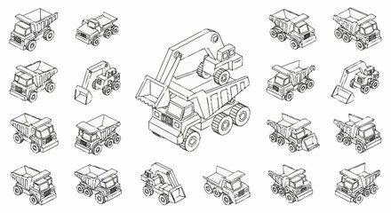 Collection of isometric line art construction vehicles including dump trucks and excavators. © Temenan