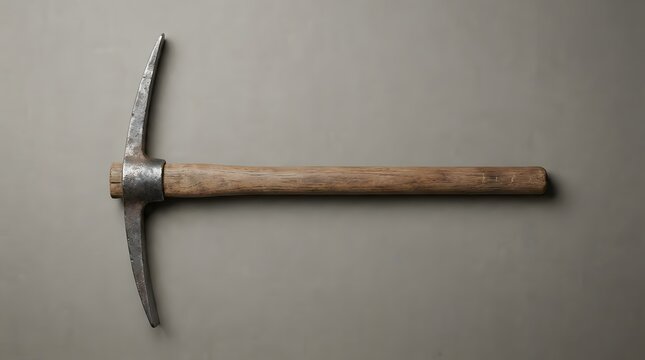 Old metal pickaxe tool with wooden handle isolated on neutral grey studio background top view