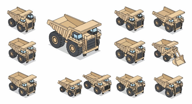 Collection of Isometric Mining Trucks and Construction Vehicles in Various Poses.