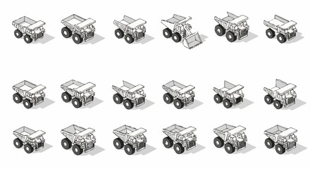 Collection of isometric dump trucks and construction vehicles in various poses and configurations, isolated on a white background. © Temenan