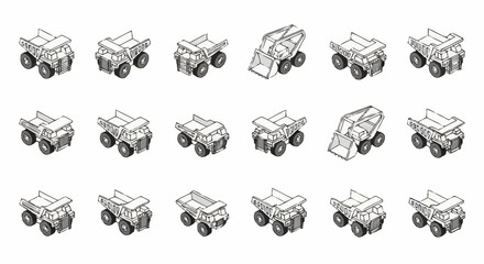 Collection of isometric dump trucks and excavators in a grid layout, isolated on a white background. © Temenan