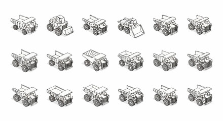 Collection of isometric dump trucks and construction vehicles in various configurations, presented in a clean line art style. © Temenan