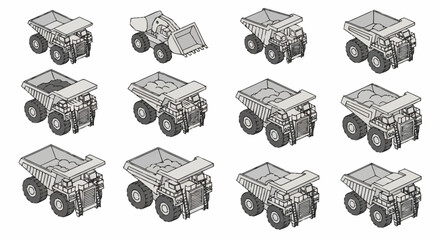 Collection of isometric illustrations of a mining dump truck in various states and actions. © Temenan