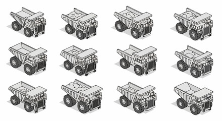 Collection of isometric dump trucks in various states of loading and unloading, presented in a grid layout. © Temenan