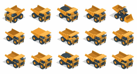 Set of isometric yellow dump trucks and excavators in various poses and with different loads, isolated on white background. © Temenan