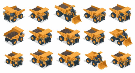 Collection of isometric yellow dump trucks and excavators on a white background, representing construction and mining vehicles. © Temenan