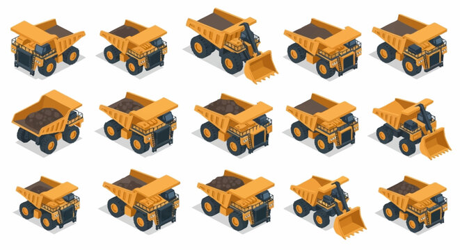 Collection of isometric yellow dump trucks and excavators on a white background, representing construction and mining vehicles.
