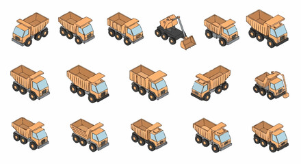Collection of isometric construction trucks and digger in various poses and states of operation, isolated on a white background. © Temenan