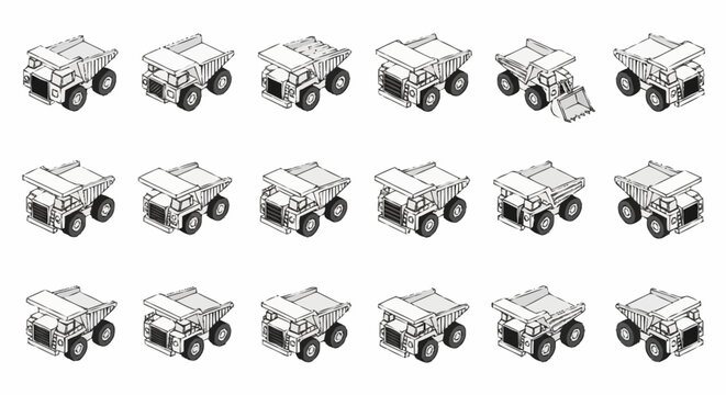 Collection of isometric dump trucks in various poses and actions, isolated on a white background.
