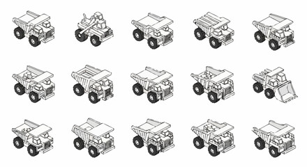 Collection of isometric dump trucks and construction vehicles in various poses and configurations, isolated on a white background. © Temenan