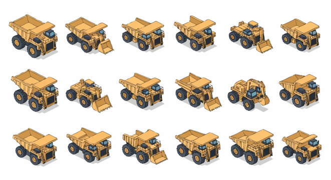 Collection of Isometric Yellow Dump Trucks and Construction Vehicles in Various Poses.