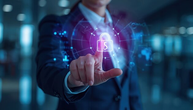 Person touching a digital padlock icon for online security and data privacy with world map security protection cybersecurity internet information business technology software