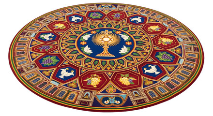 Obraz premium Religious tapestry rug with ornate Christian symbols doves grapes and floral motifs in vibrant colors