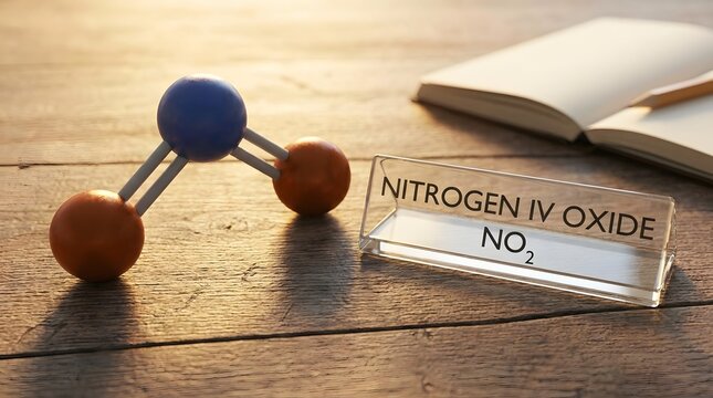 Nitrogen IV Oxide molecular model and chemical formula on a wooden surface with open book