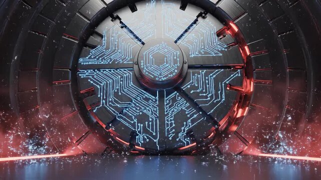 A futuristic blue circuit board-like design radiates light in a dark room