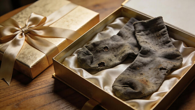 Old dirty socks with holes in a luxurious golden gift box