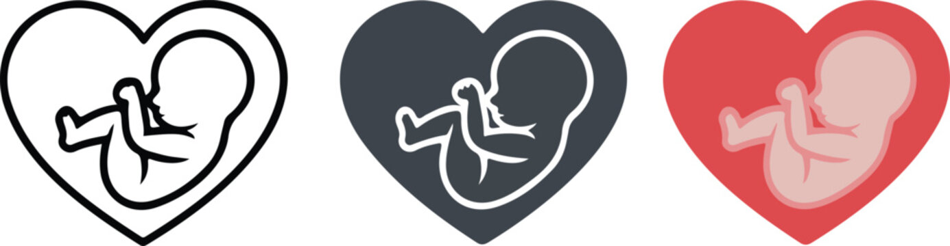Human fetus in heart shape icon set in outline silhouette and color for pregnancy maternity prenatal care and medical health design flat vector illustration