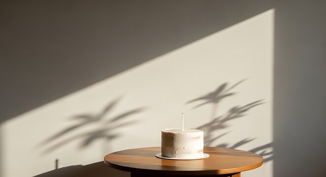 Minimalist white birthday cake with one candle on wooden table under sunlight