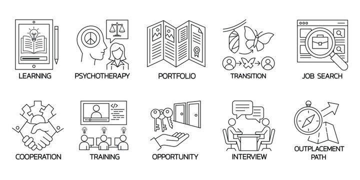 Career outplacement icons set job search transition learning psychotherapy training cooperation.Editable stroke, Vector illustration, Line art Icon, Symbols.	