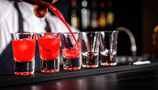 Bartender Pouring Red Cocktail into Glass.