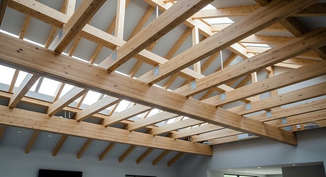 Modern interior with exposed wooden roof truss system and skylights