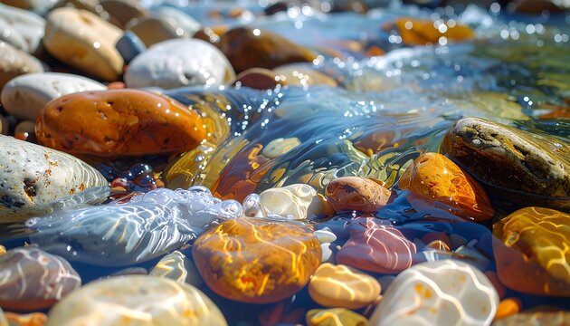 A serene stream with smooth rocks and pebbles