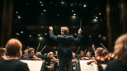 Fototapeta premium Conductor leading orchestra on stage during live classical music performance in concert hall