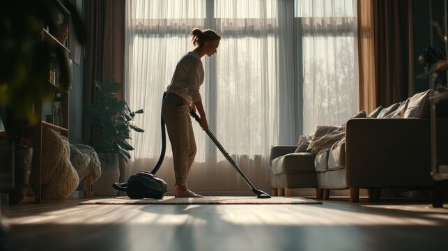 Woman vacuums living room floor bathed in soft sunlight.