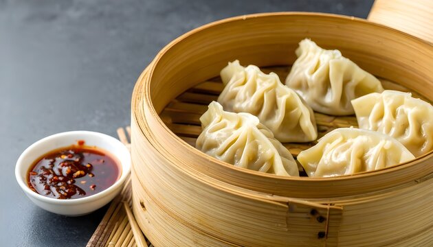 fresh steamed dumplings in bamboo steamer basket