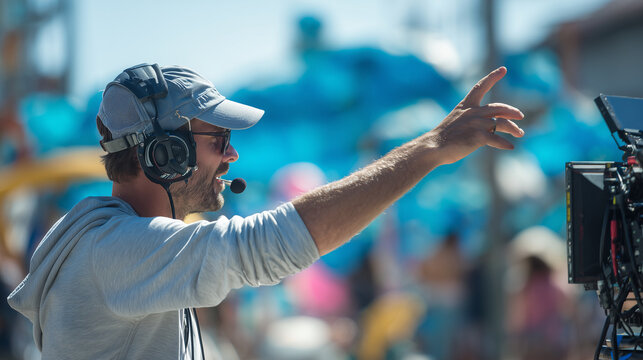 Film director guiding a professional crew during a movie production on set