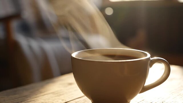 Warm coffee cup on wooden table with sunny background