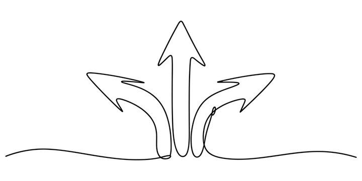 Three arrows pointing in different directions as a continuous single line drawing representing choice decision making strategy and business growth concept