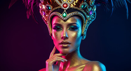 Woman in elaborate carnival headdress with gold glitter makeup vibrant colorful lighting