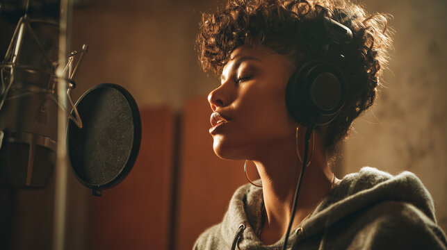 Female hip hop singer recording vocals in a professional music studio with microphone and headphones
