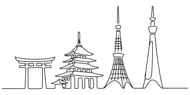 Continuous one line drawing of famous tokyo japan landmarks including the temple pagoda and radio towers as a simple black outline sketch Vector, illustration