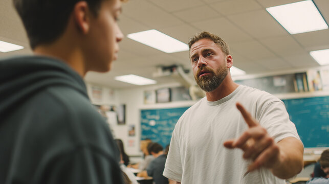 Male teacher scolding a student in classroom during a serious school discipline moment