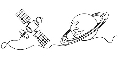 Continuous single line drawing of a satellite orbiting a planet with rings in outer space as a minimalist creative concept for technology and science © Continues One Line D