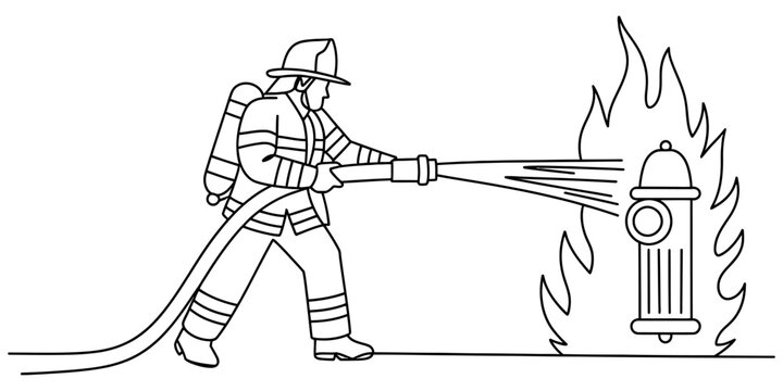 A brave firefighter in uniform spraying water from a fire hose to extinguish a burning fire hydrant in a simple black and white line art drawing style