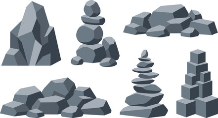 Low Poly Stone Rock Collection Vector Set Featuring Geometric Boulder Stacks and Abstract Rock Formations for Game Assets Landscape Design and Environment Illustration © tofajjol studio