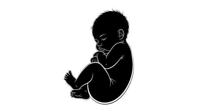 Monochromatic graphic illustration of a baby or fetus in a curled position, symbolizing new life, human development, and the beginning of existence