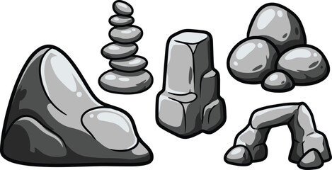 Cartoon Stone Rock Collection Vector Set Featuring Pebbles Boulder Stack and Natural Rock Formations for Game Assets Landscape Design and Nature Illustration © tofajjol studio