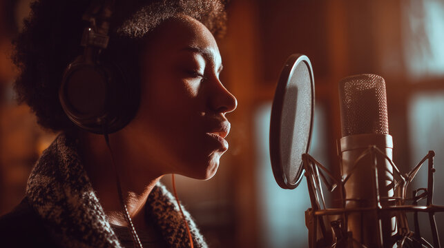 Female singer recording vocals in a professional music studio with microphone and headphones