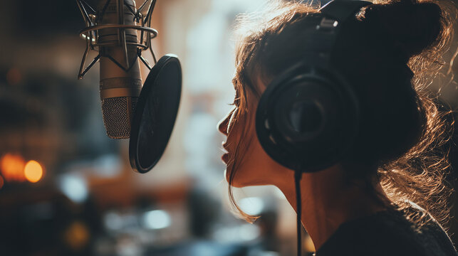 Female singer recording vocals in a professional music studio with microphone and headphones
