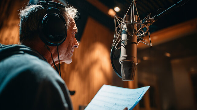 Senior male singer recording vocals with headphones and microphone in a professional music studio