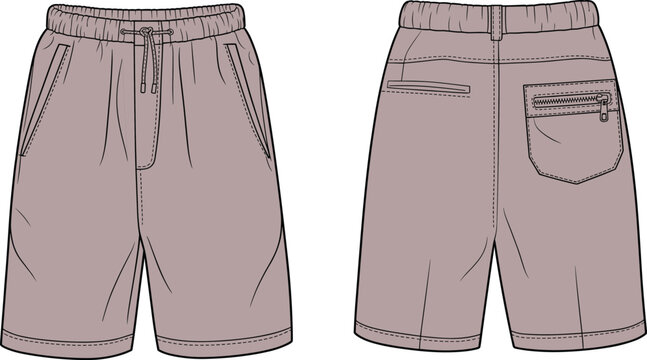 Casual shorts technical fashion flat vector front back detailed view