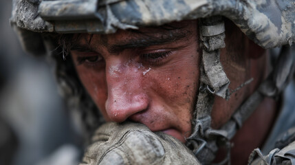 Fototapeta premium Close up portrait of crying soldier with tearful eyes and gloved hand during combat stress