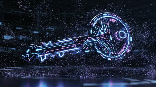 A futuristic train with neon lights explodes in a purple haze on a dark background