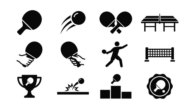 Black table tennis icons set including paddles balls player trophy and net on white background for sports design