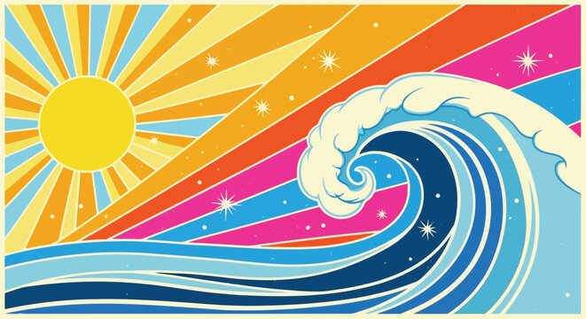 A colorful wave with a sun in the background