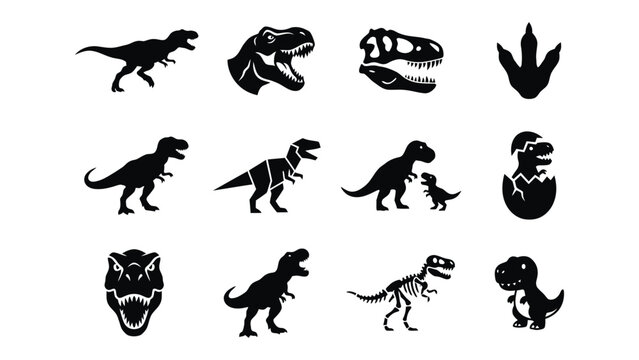 Collection of various black dinosaur silhouettes and skeleton illustrations on white background